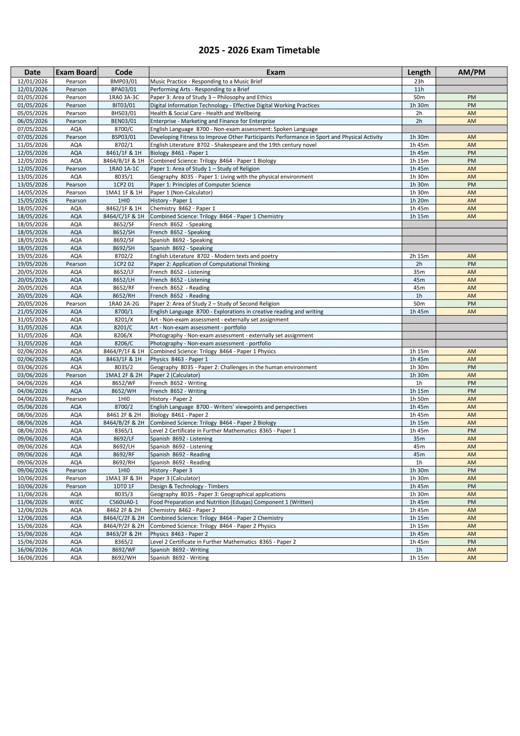 Provisional Exam Timetable 2025 2026 1