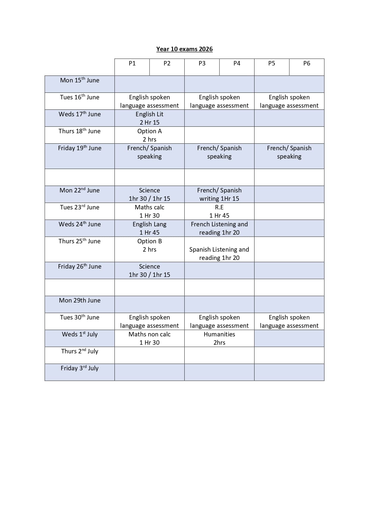 Y10 Exams Timetable Page 00001